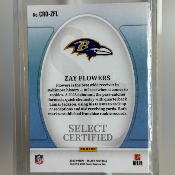 2023 Zay Flowers Panini Select Certified Rookie Card - Picture 2 of 2